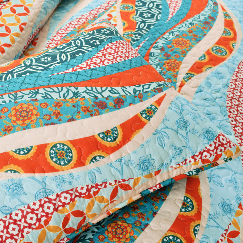 Turquoise and Orange Cotton Reversible Full Quilt Set