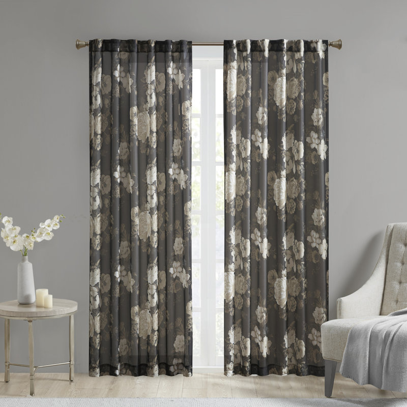White Floral Sheer Rod Pocket Back Tab Curtain Panel