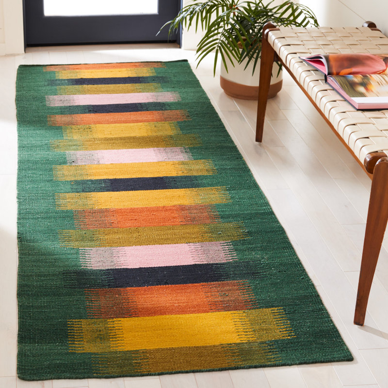 Handwoven Geometric Wool Runner Rug in Brown & Yellow - 30" x 8"