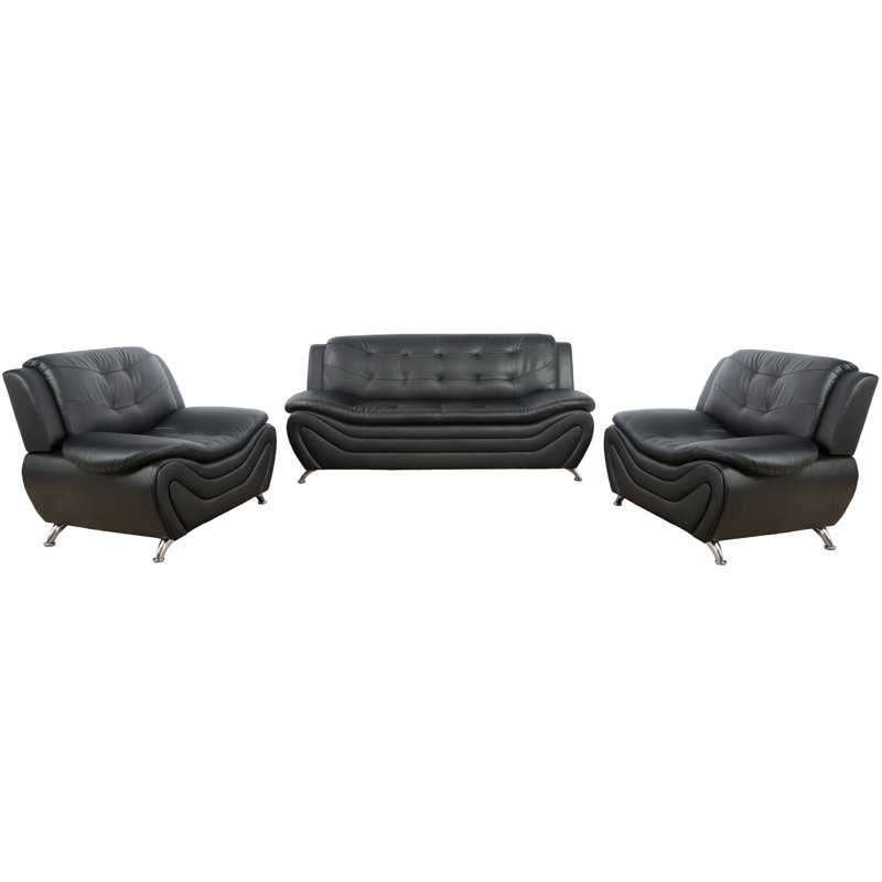 Ramdas Black Faux Leather 3-Piece Living Room Set