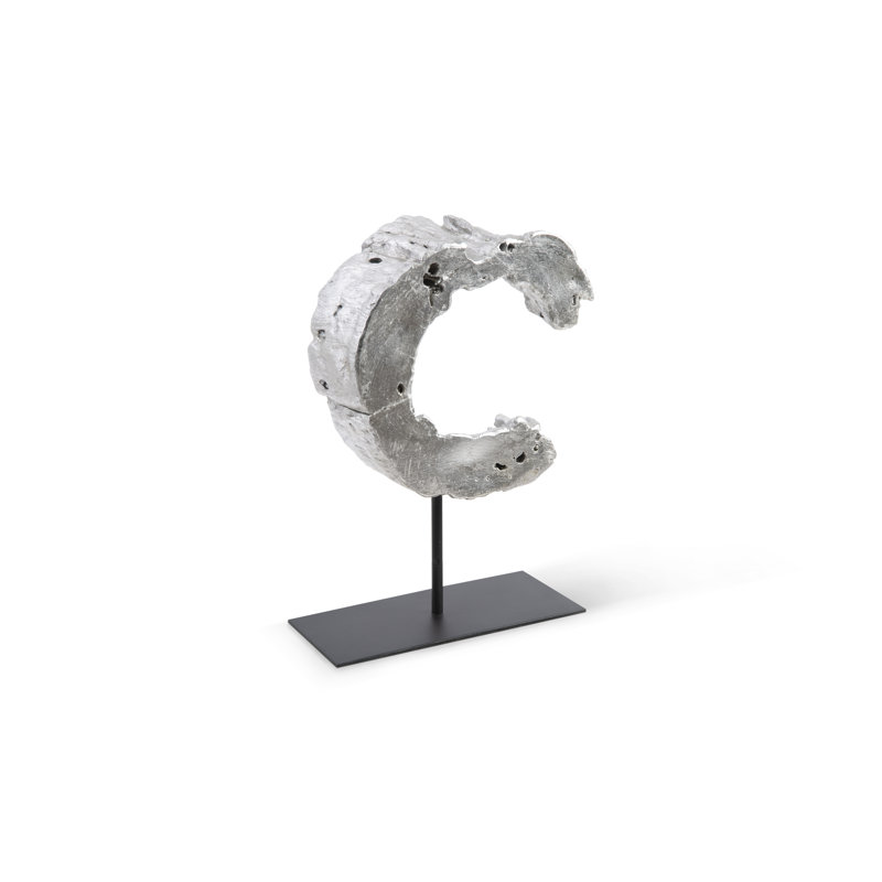 Eroded Silver Leaf & Black Wood Semi-Circle Sculpture on Stand