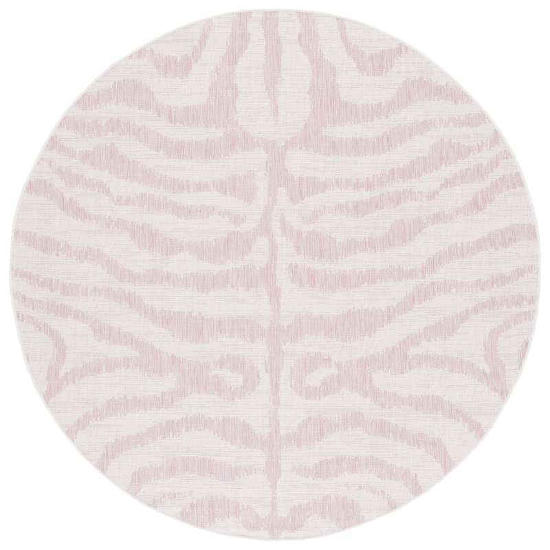 Ivory and Pink Round Animal Print Synthetic Rug
