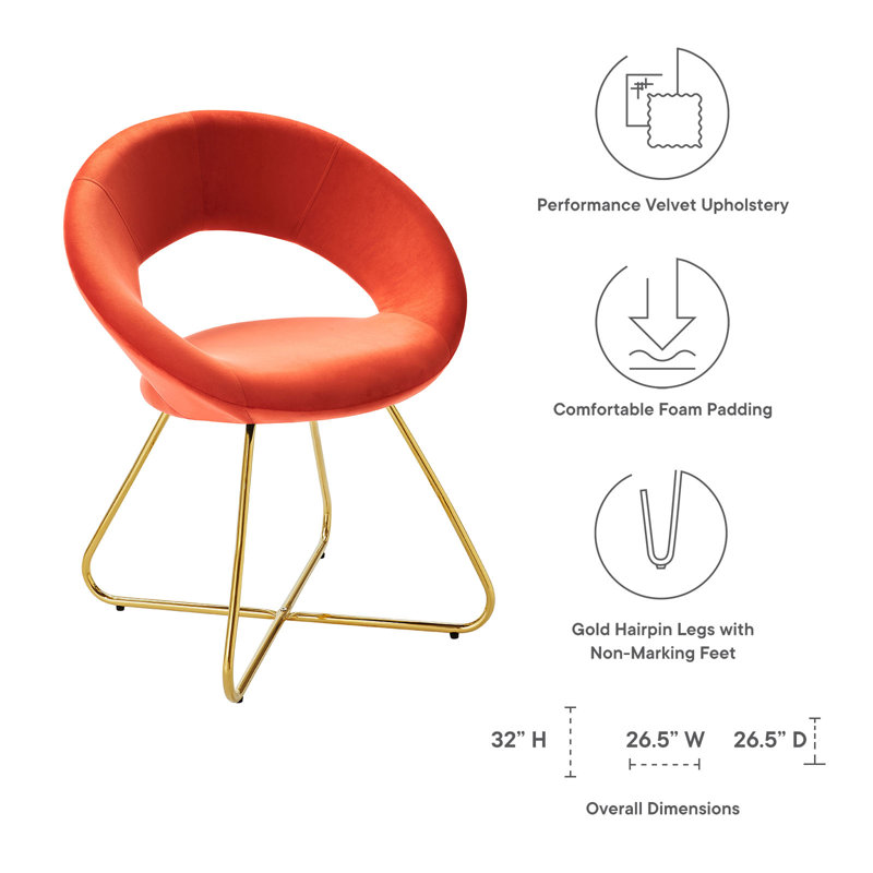 Gold Orange Velvet Upholstered Side Chair with Metal Legs