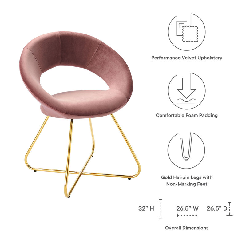 Gold Dusty Rose Velvet Upholstered Side Chair with Hairpin Legs