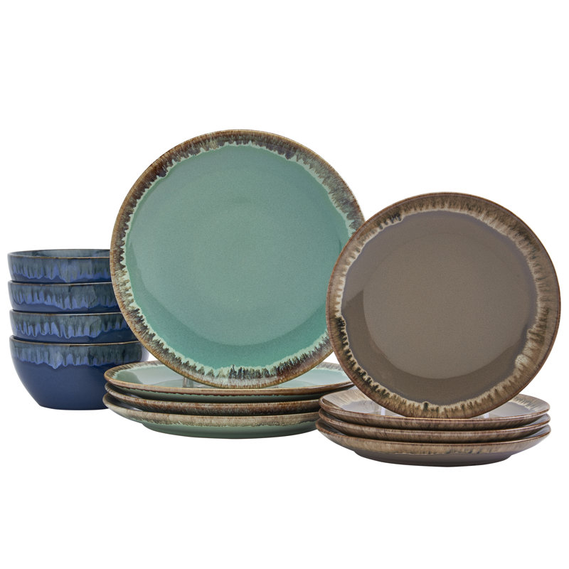 12-Piece Multicolor Ceramic Dinnerware Set with Reactive Glaze