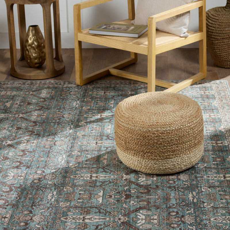 Ivory and Green Rectangular Polyester Area Rug, 9' x 12'