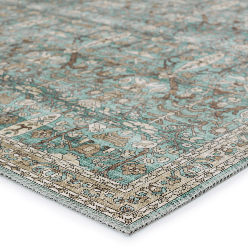 Ivory and Green Rectangular Polyester Area Rug, 9' x 12'