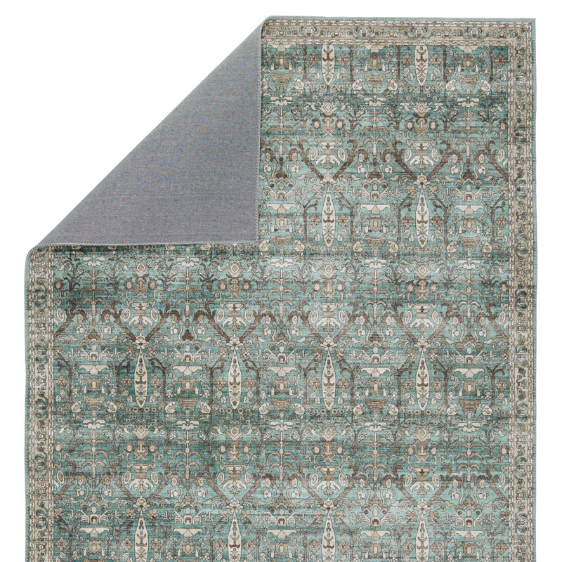 Ivory and Green Rectangular Polyester Area Rug, 9' x 12'