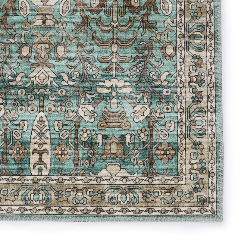 Ivory and Green Rectangular Polyester Area Rug, 9' x 12'