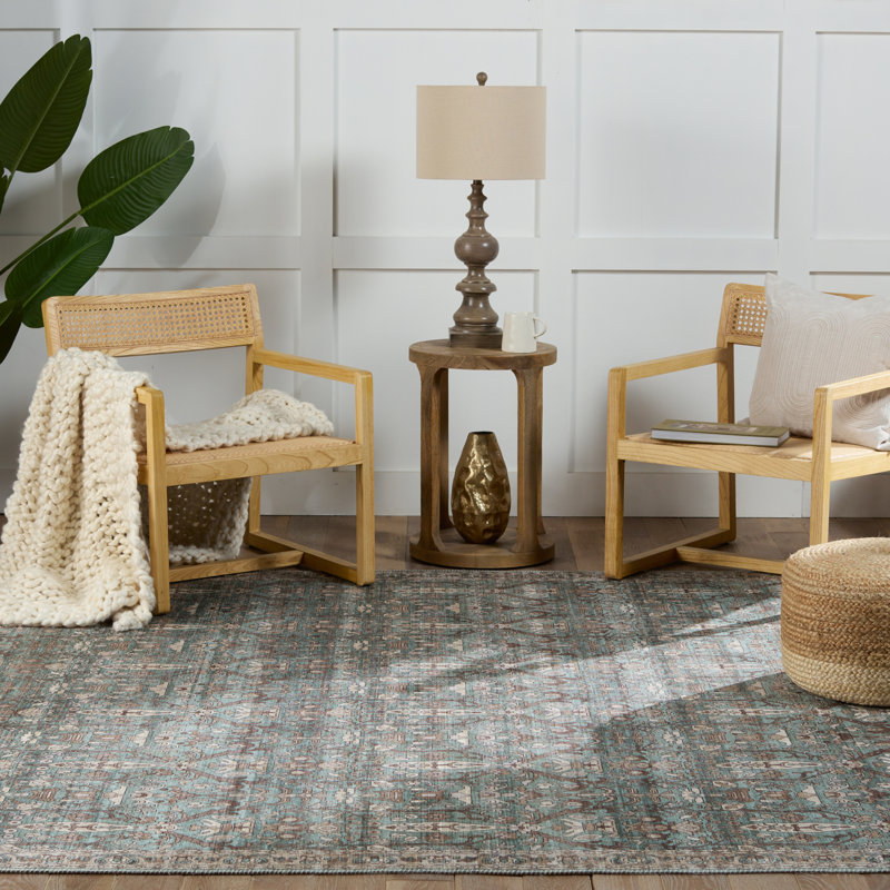Ivory and Green Rectangular Polyester Area Rug, 9' x 12'