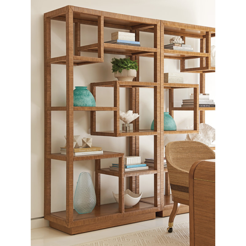 Bryce Brown Wood Raffia Etagere with Asymmetrical Shelves