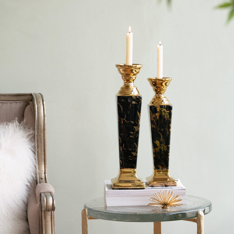 Modern Gloss Black and Gold Ceramic Candlestick, 16.9" High