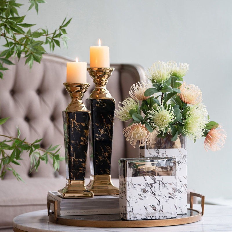 Modern Gloss Black and Gold Ceramic Candlestick, 16.9" High