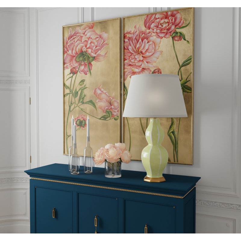 Verde/Gold Solid Brass Table Lamp with Cream Cotton Shade