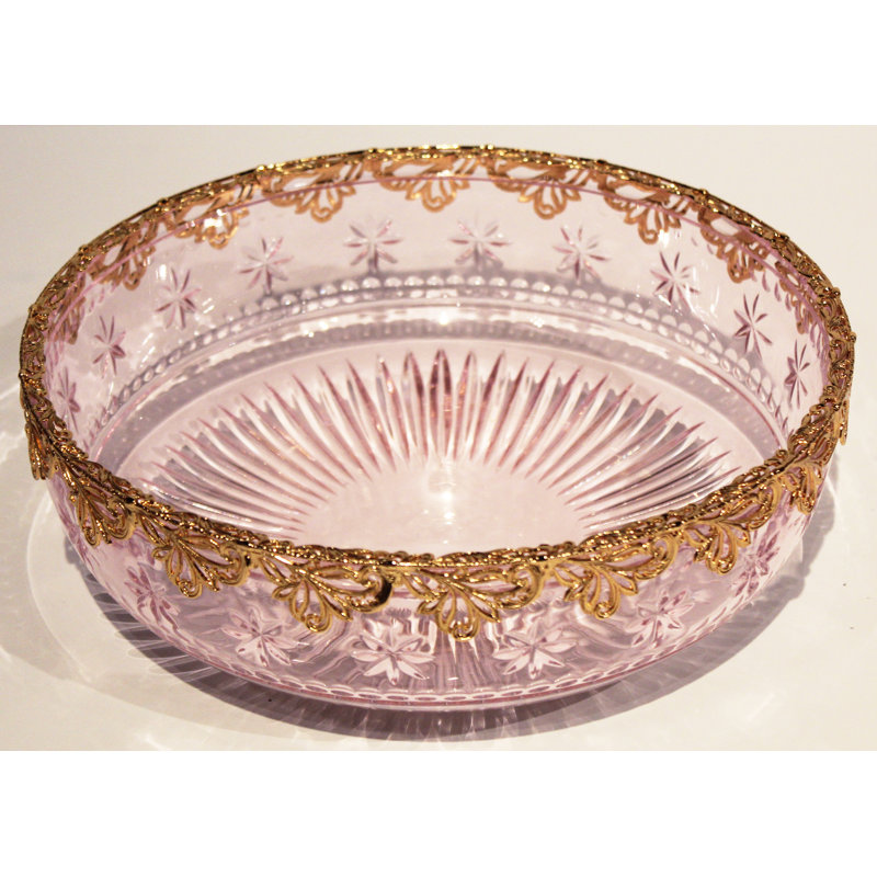 Handcrafted Pink Crystal and Gold Metal Decorative Bowl