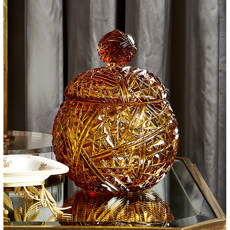 Handcrafted Amber Crystal Glass Nut Bowl with Lid