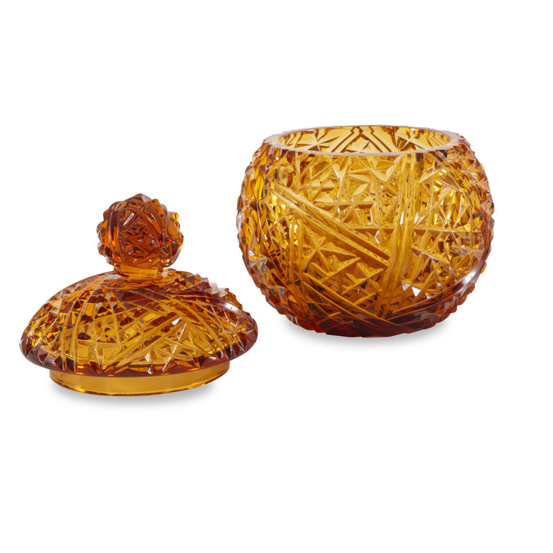 Handcrafted Amber Crystal Glass Nut Bowl with Lid