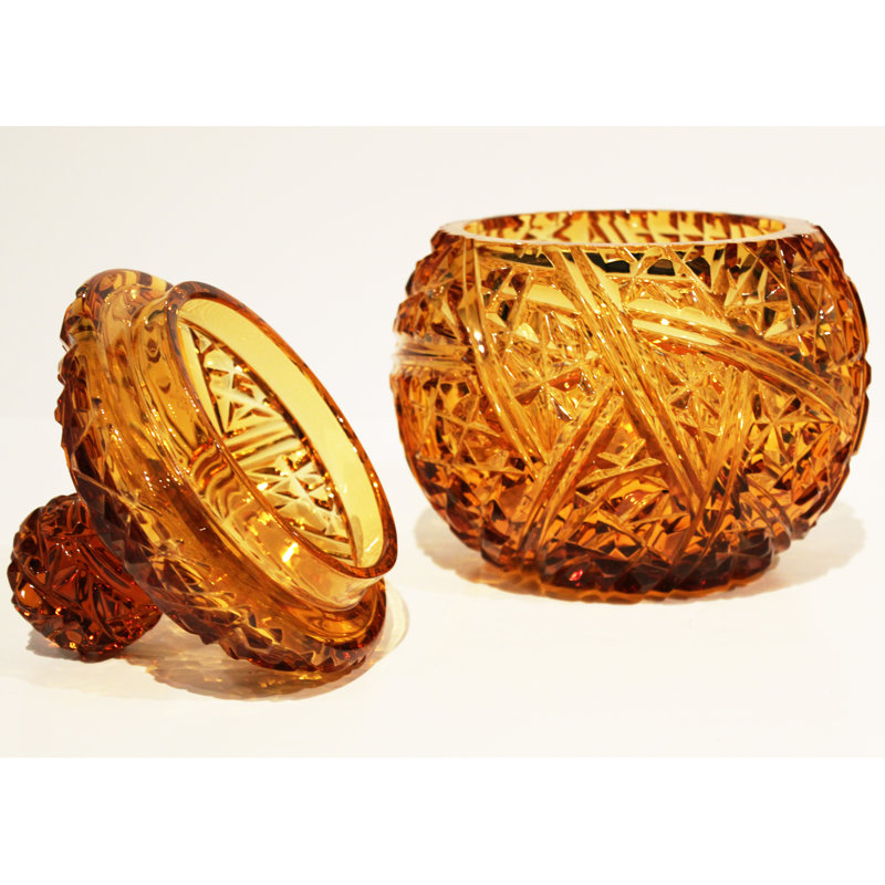 Handcrafted Amber Crystal Glass Nut Bowl with Lid