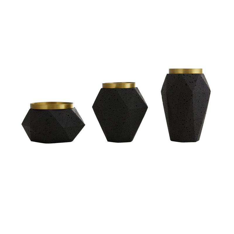Charcoal Ceramic and Brass Faceted Candleholders Set