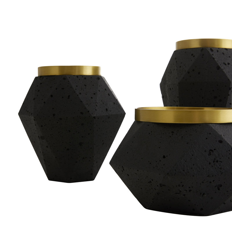 Charcoal Ceramic and Brass Faceted Candleholders Set