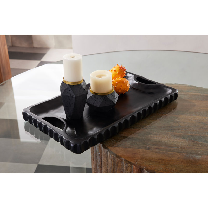 Charcoal Ceramic and Brass Faceted Candleholders Set