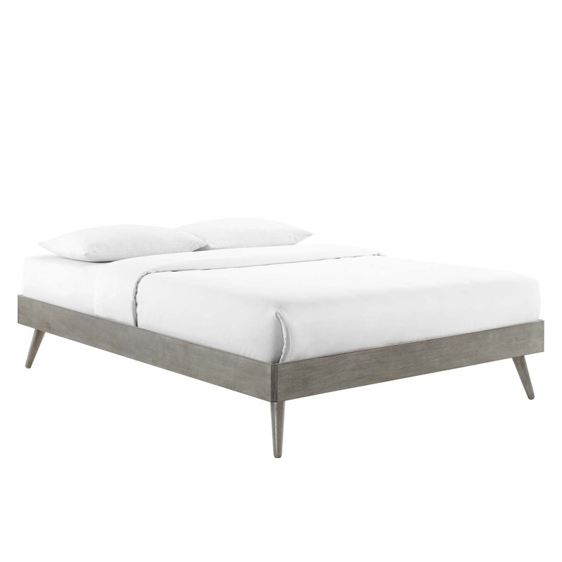 Mid-Century Modern King Platform Bed with Wood Slats in Gray