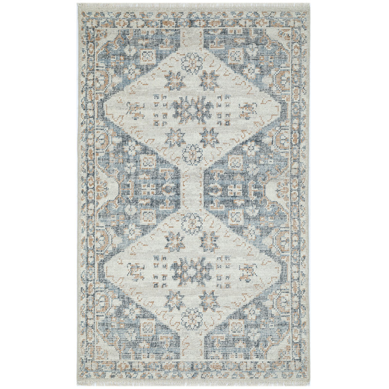 Cornice Classic Double Medallion Hand-Knotted Wool-Cotton Blend Area Rug - Blue