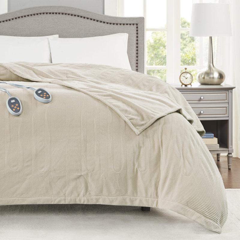 Soft Beige Full-Size Reversible Micro Fleece Heated Blanket