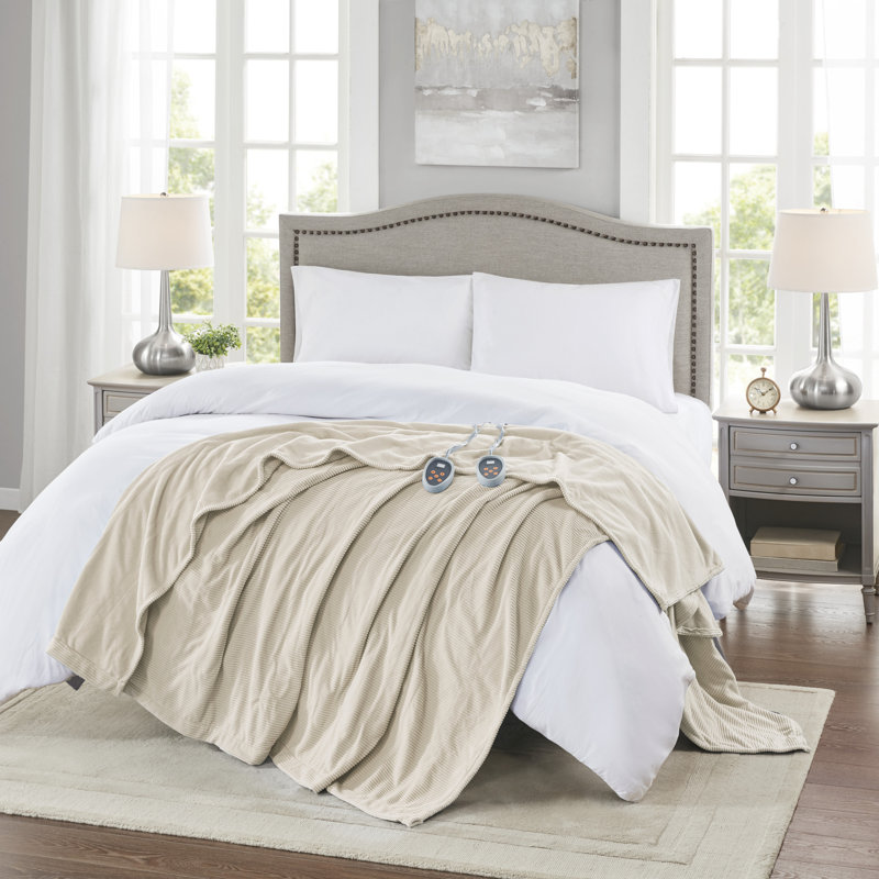 Soft Beige Full-Size Reversible Micro Fleece Heated Blanket