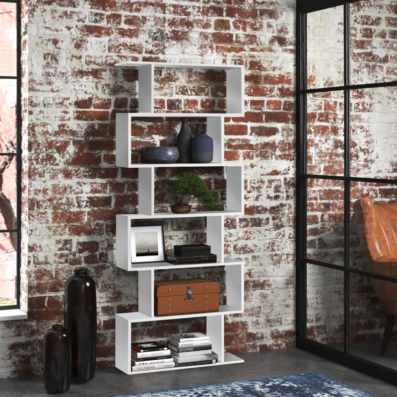 White Geometric S-Shaped 6-Tier Wooden Bookcase
