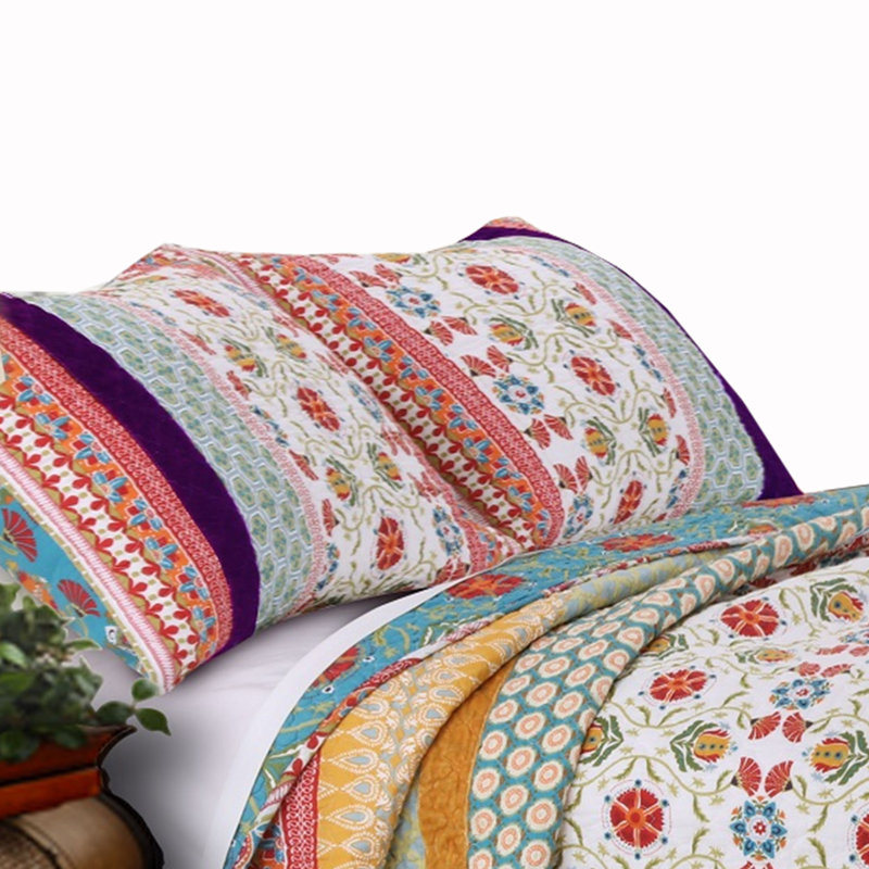 Multicolor Geometric and Floral King Reversible Quilt Set