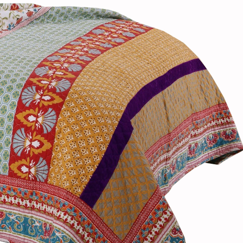Multicolor Geometric and Floral King Reversible Quilt Set
