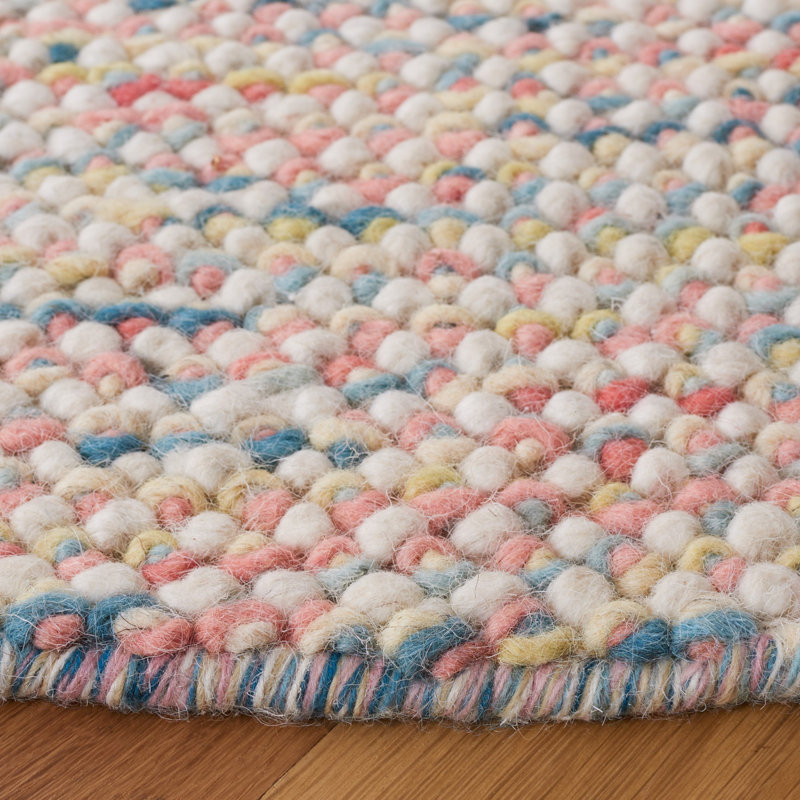 Handwoven Ivory and Pink Square Wool Rug, 6' x 6'