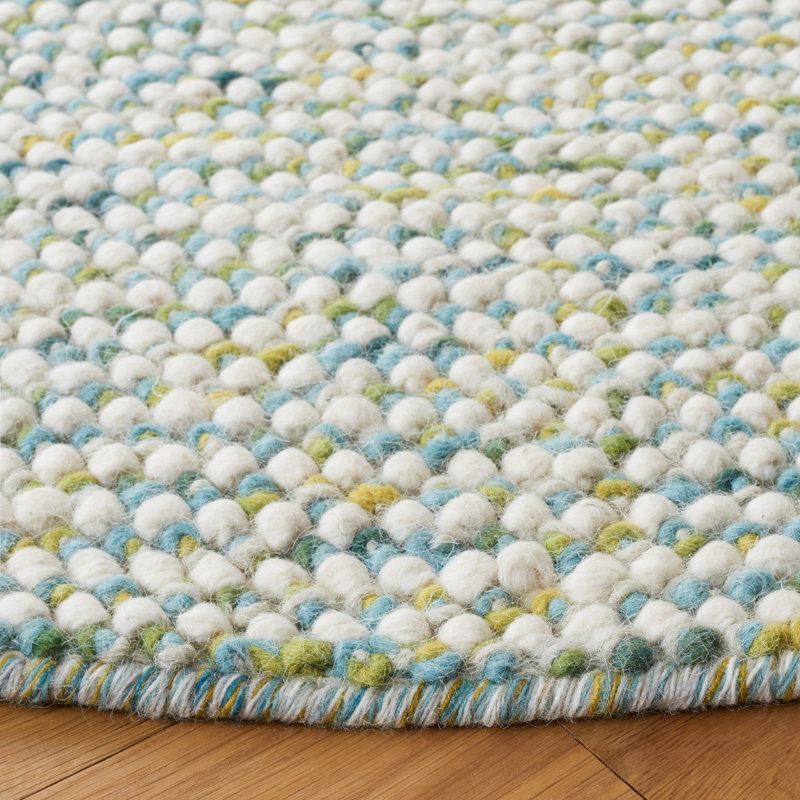 Hand-Knotted Artisan Ivory & Blue Wool Round Rug, 3' x 5'