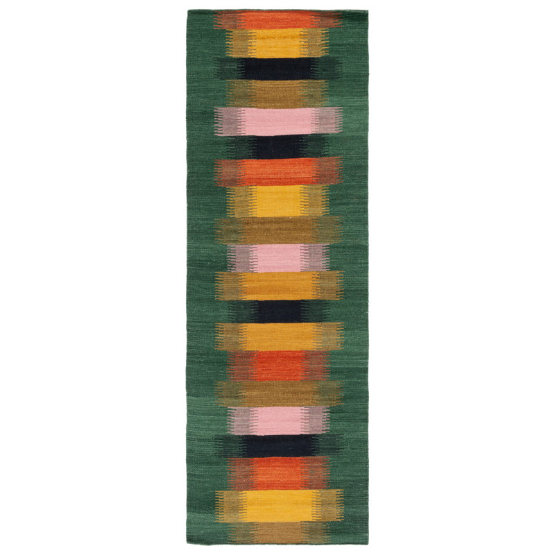 Handwoven Geometric Wool Runner Rug in Brown & Yellow - 30" x 8"