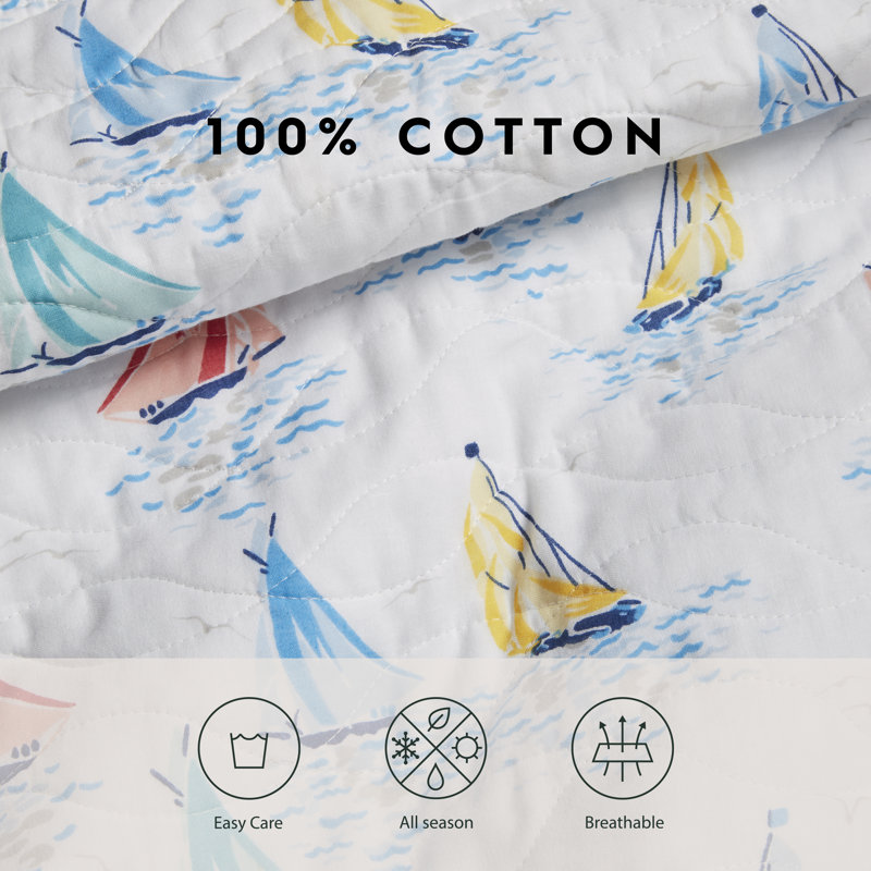 Ahoy Blue Cotton Reversible King Quilt Set