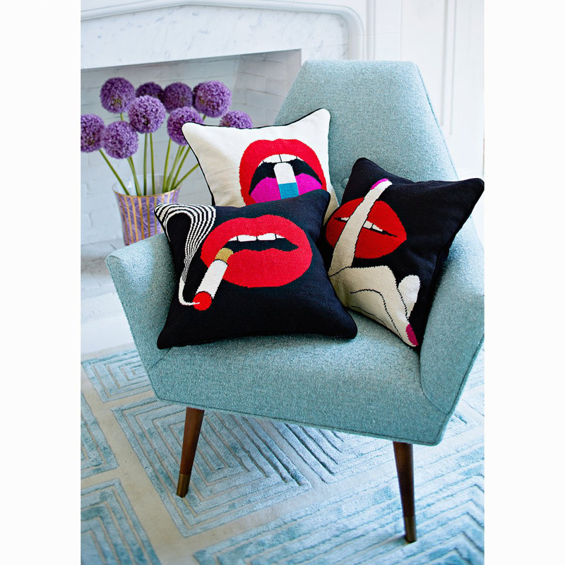 Bold Red Lips Embroidered Wool Square Throw Pillow