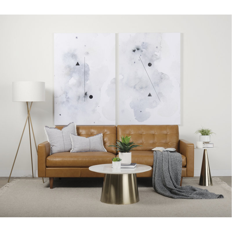 Olaf Tan Genuine Leather Tufted Sofa with Tapered Wood Legs