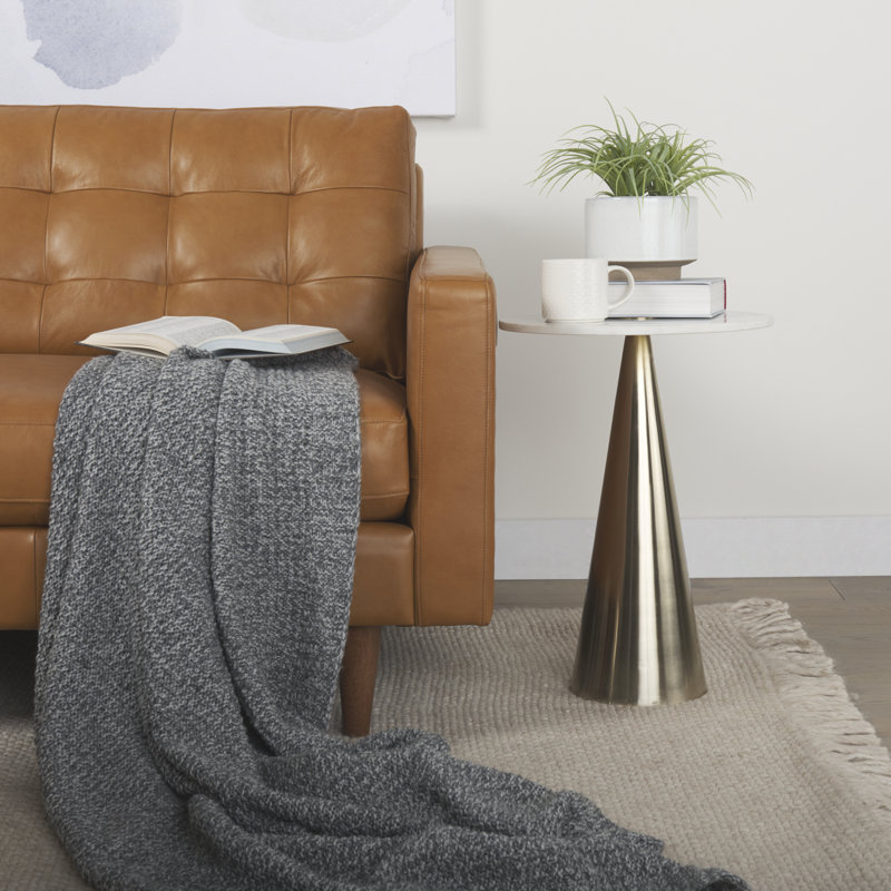 Olaf Tan Genuine Leather Tufted Sofa with Tapered Wood Legs