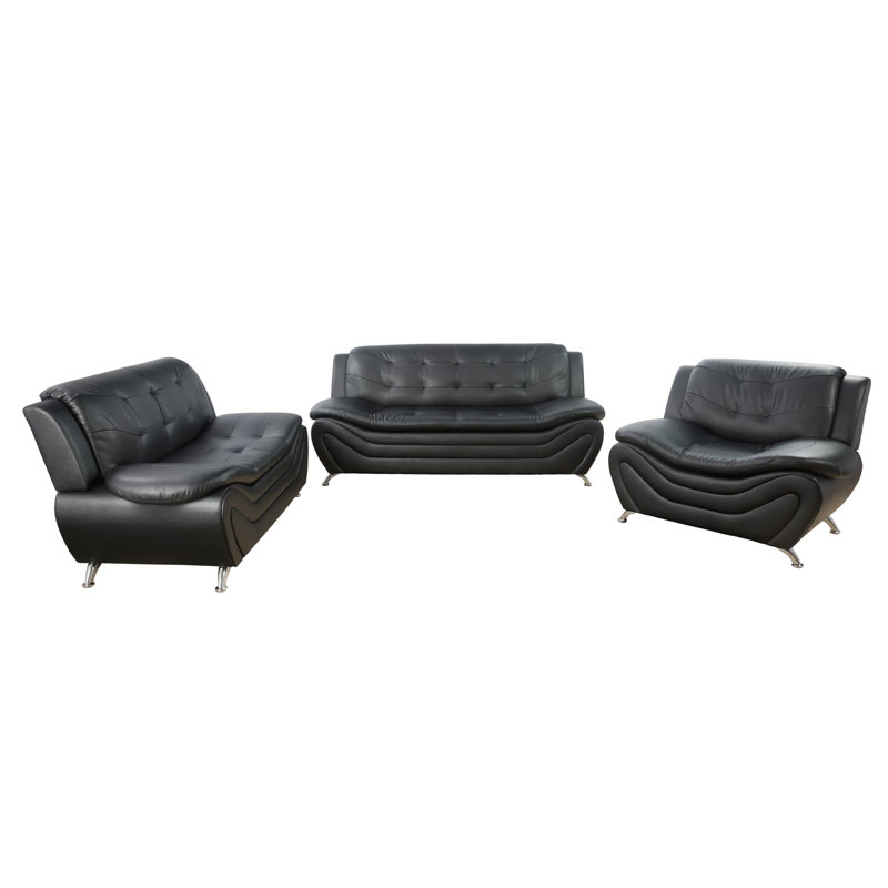 Ramdas Black Faux Leather 3-Piece Living Room Set