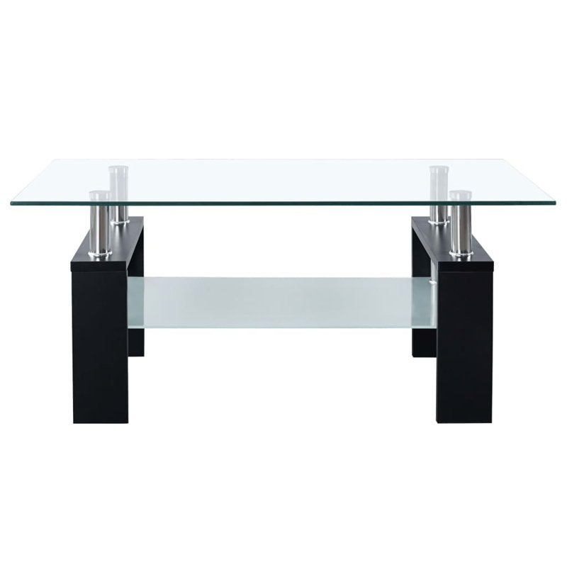 Black Rectangular Glass Coffee Table with Storage Shelf