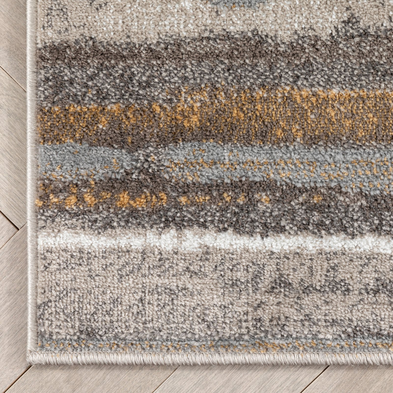 Gray Geometric Striped Polyester Runner Rug