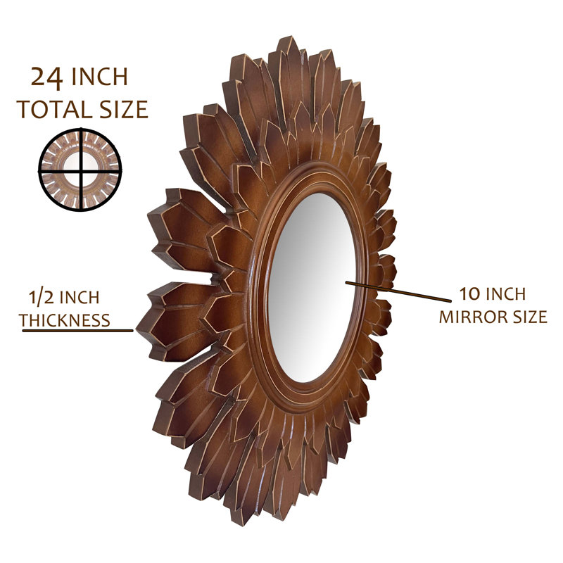 24" Sunburst Golden Brown Hand-Carved Wood Vanity Mirror