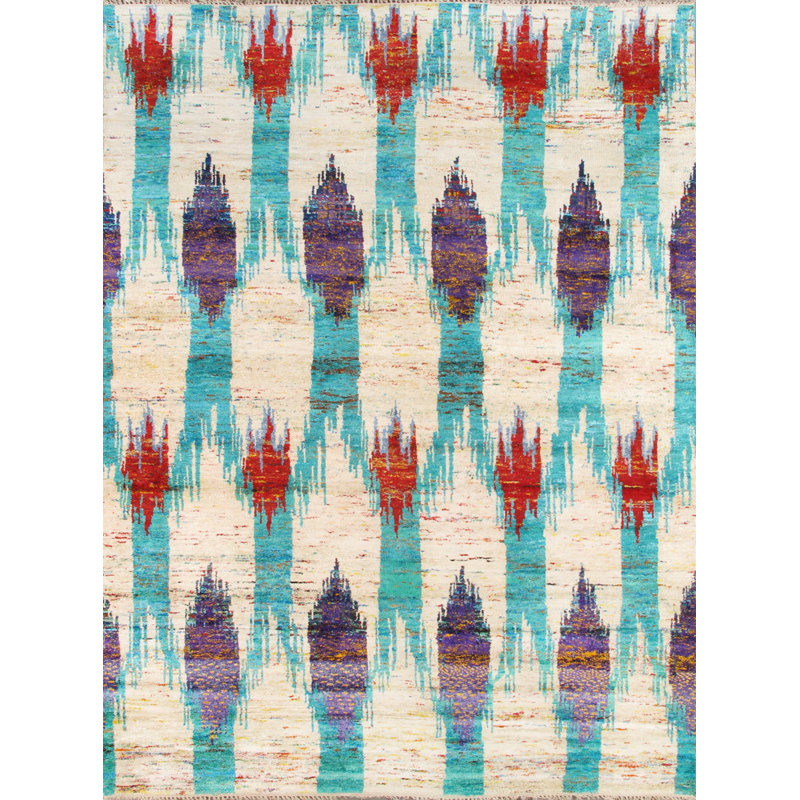 Elegant Ivory Silk 8' x 10' Hand-Knotted Ikat Area Rug