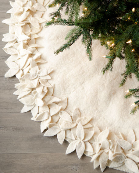 Cream Felted Wool Christmas Tree Skirt with Floral Border