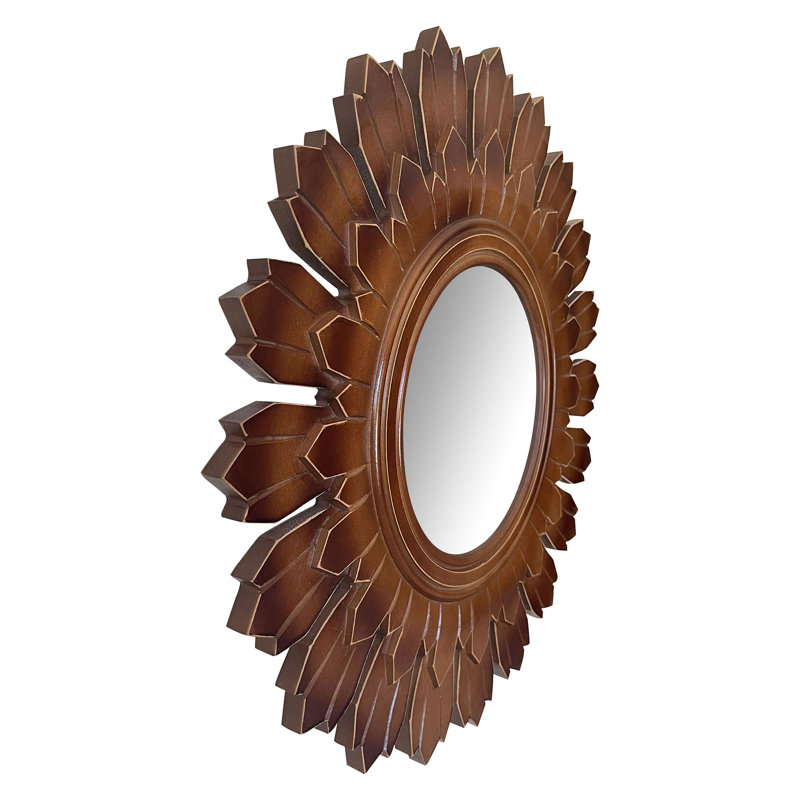 24" Sunburst Golden Brown Hand-Carved Wood Vanity Mirror
