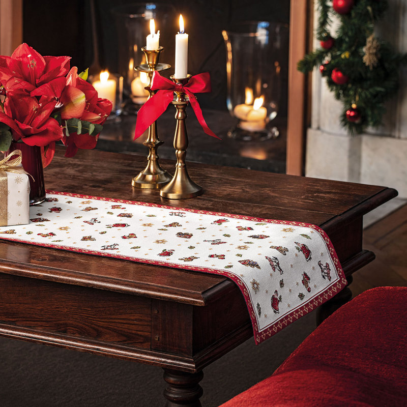 Winter Cotton Embroidered Table Runner, 12.5 x 37.75 in