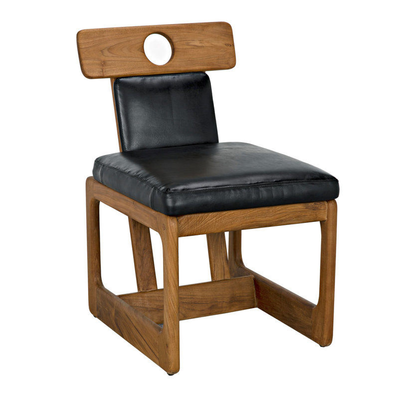 Mid-Century Modern Black Leather Teak Upholstered Side Chair