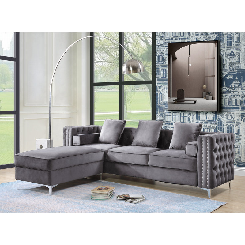 Elegant Gray Velvet Tufted Sofa with Ottoman and Nailhead Trim