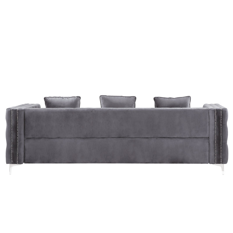 Elegant Gray Velvet Tufted Sofa with Ottoman and Nailhead Trim